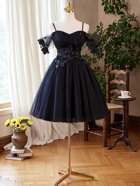 Navy Blue Tulle Short Homecoming Dress, Sweetheart Off Shoulder Navy Blue Short Prom Dress